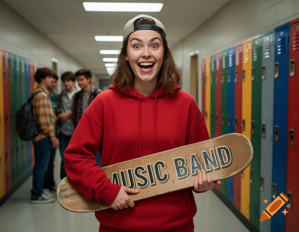 A smiling young woman in a red hoodie and backward cap holds a skateboard labeled "MUSIC BAND" in a school hallway with lockers and other students.
