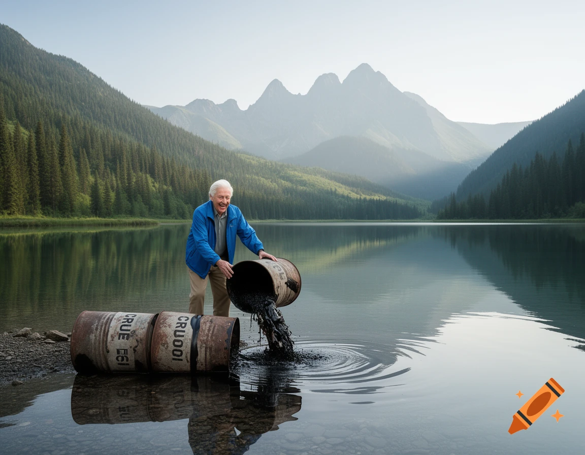 Sir David Attenborough smiling as he dumps black crude oil from an old barrel into a pristine lake, with mountains and forests in the background.