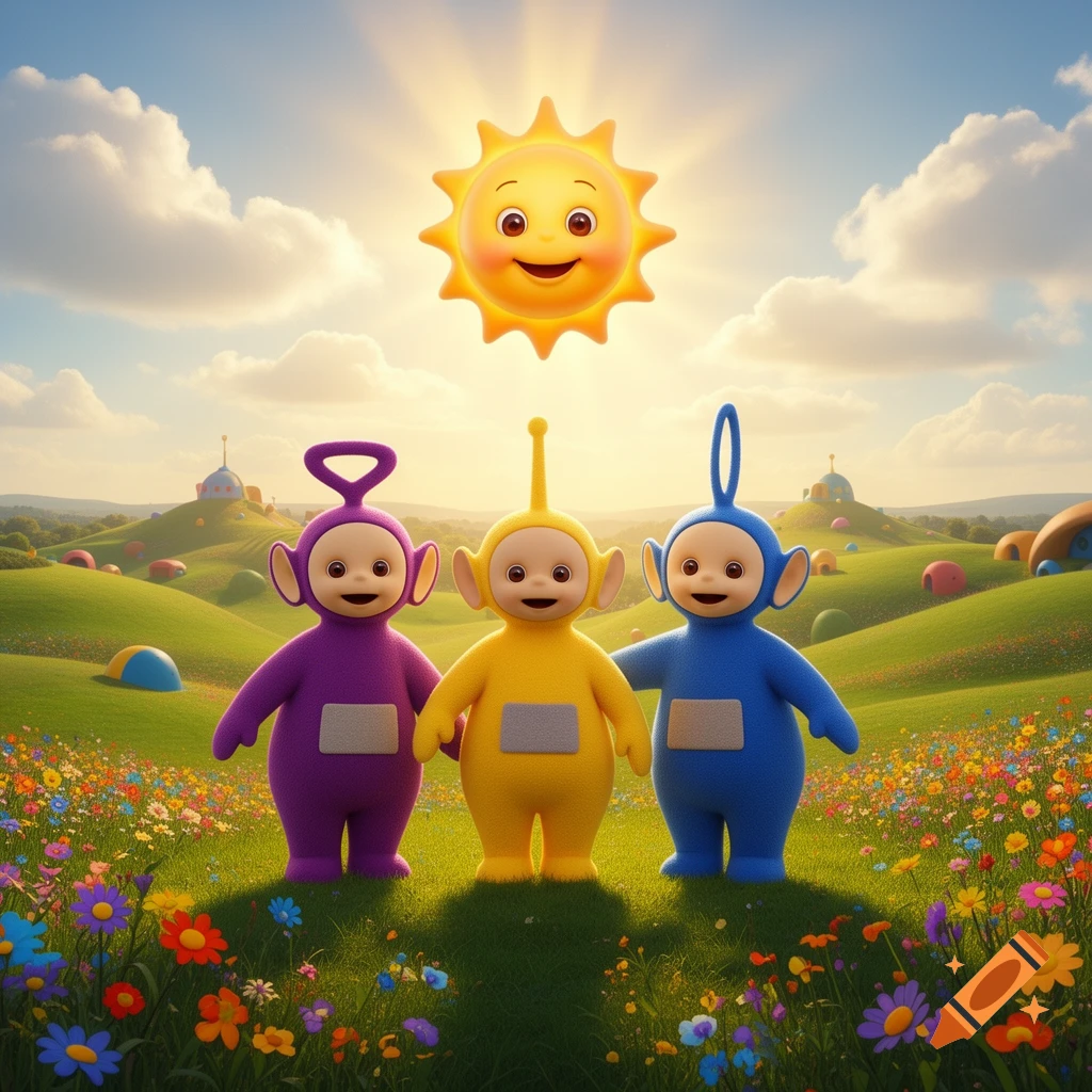 Three colorful Teletubbies stand in a vibrant green field with flowers, under a smiling sun in a blue sky.