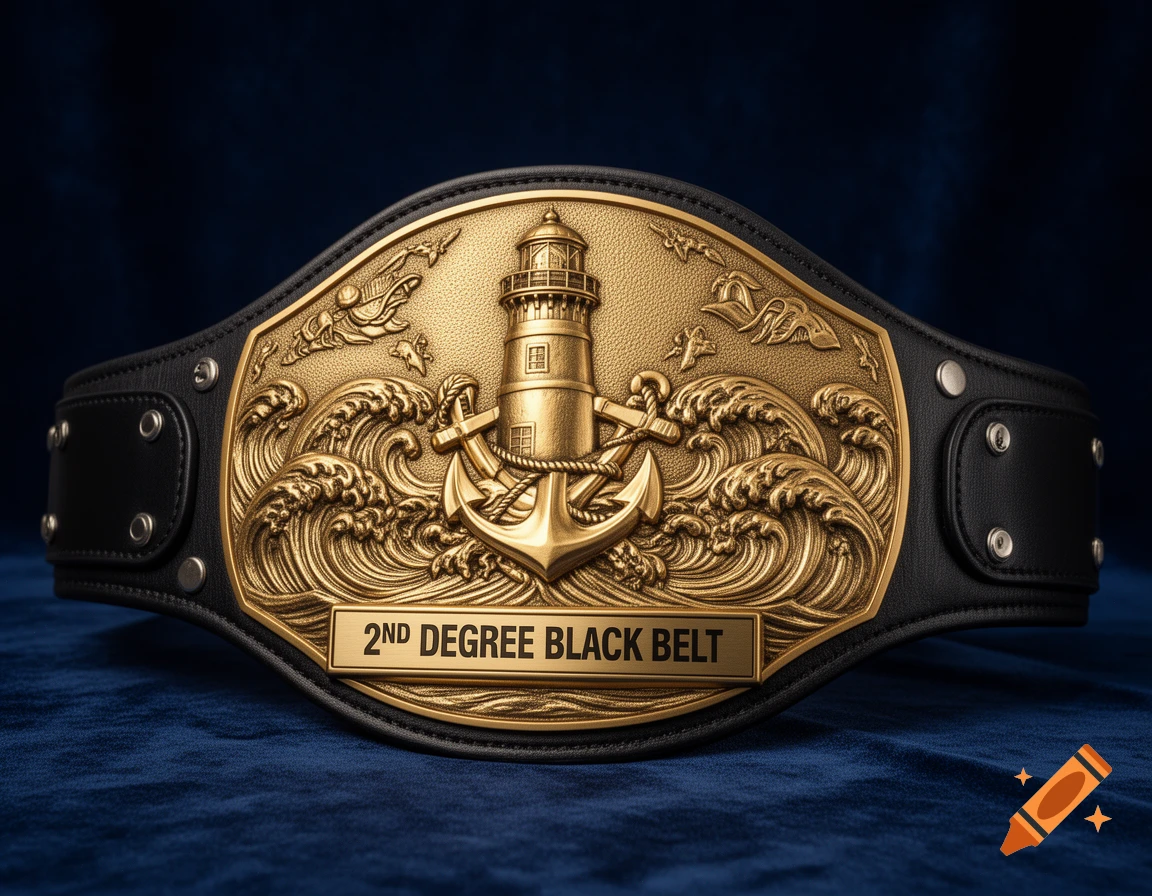 A golden championship belt featuring a lighthouse, anchor, and waves, with "2ND DEGREE BLACK BELT" written on a plaque.