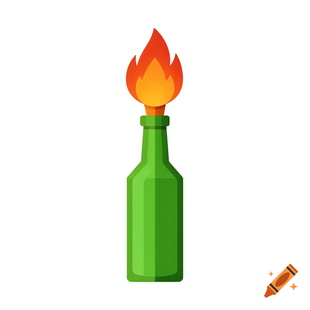 Stylized green bottle with a large red and orange flame emerging from the top, depicted as an emoji or icon.