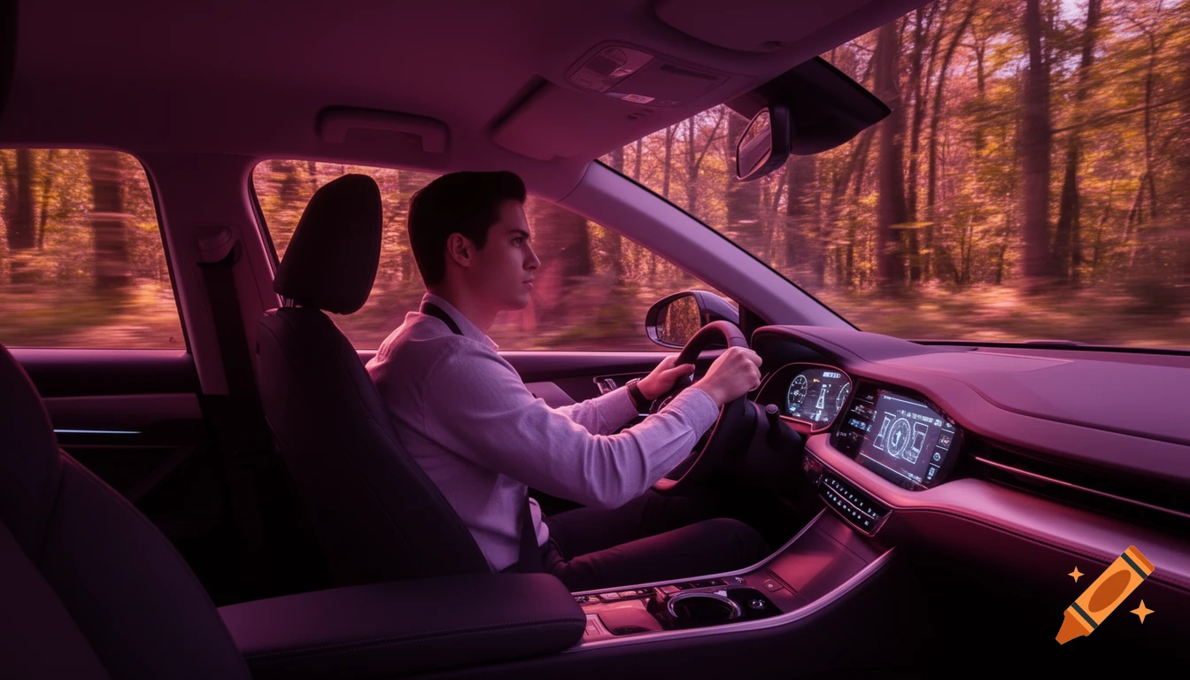 A man in a car, viewed from the back seat, drives through a pink-hued forest in a stylized, photorealistic image.