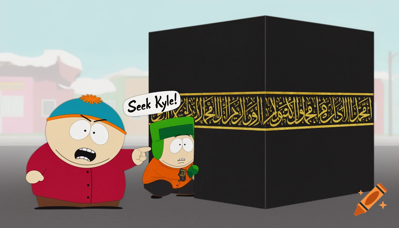 Cartman points and shouts "Seek Kyle!" as Kyle hides behind a large black cube with golden, illegible Arabic writing in a South Park cartoon style.