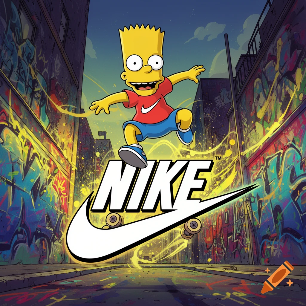 Bart Simpson skateboarding on a large white Nike logo in a graffiti-covered alleyway, cartoon style.
