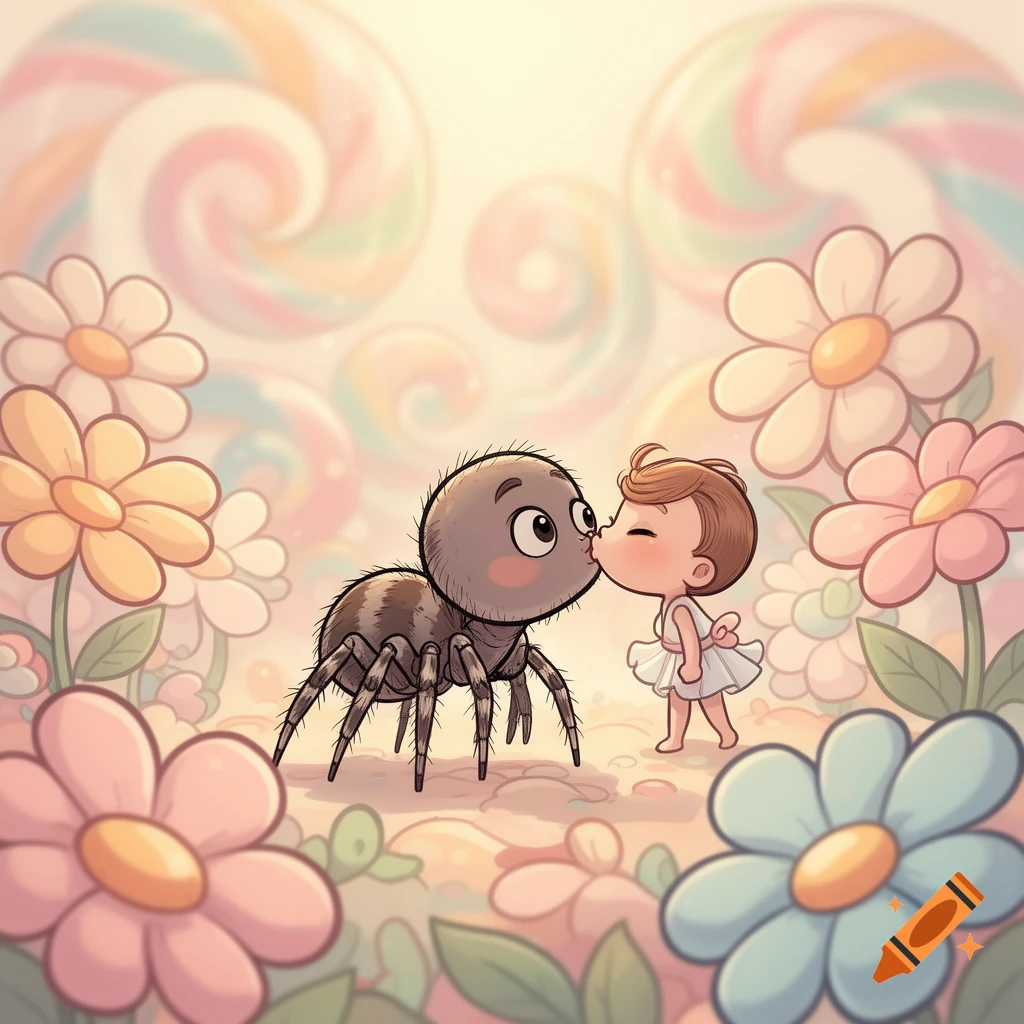 A cute cartoon spider and baby kiss on the cheek amidst pastel flowers and whimsical lollipops in the background.