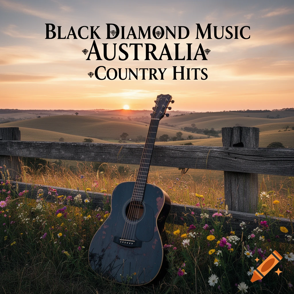 Acoustic guitar leaning on a wooden fence in a wildflower field at sunset, with 'Black Diamond Music Australia Country Hits' text.