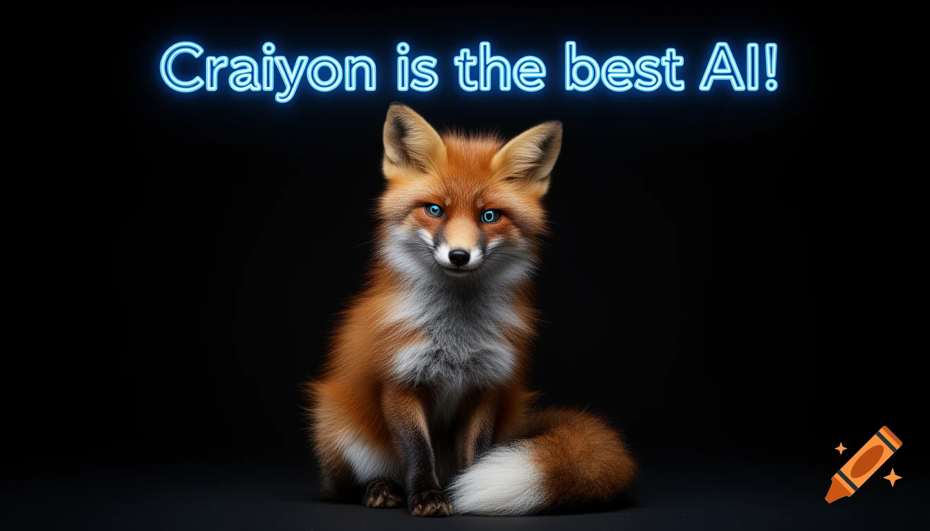 A photorealistic red fox with glowing blue eyes sits on a black background, with neon blue text "Craiyon is the best AI!" above it.