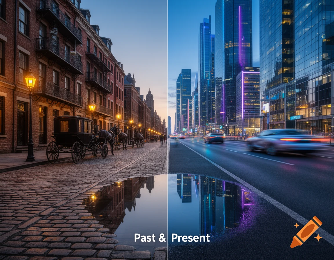 Split image: a historical cobblestone street with horse-drawn carriages and gas lamps on the left, a modern city street with skyscrapers and blurred cars on the right, both at dusk.