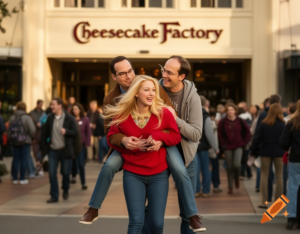 A blonde woman piggybacks two men in front of a Cheesecake Factory restaurant sign, amidst a blurred crowd.
