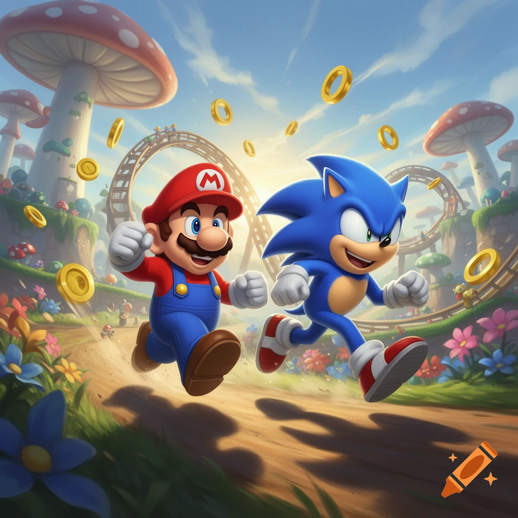 Mario and Sonic race through a vibrant, mushroom-filled fantasy landscape with golden rings and coins floating around them.