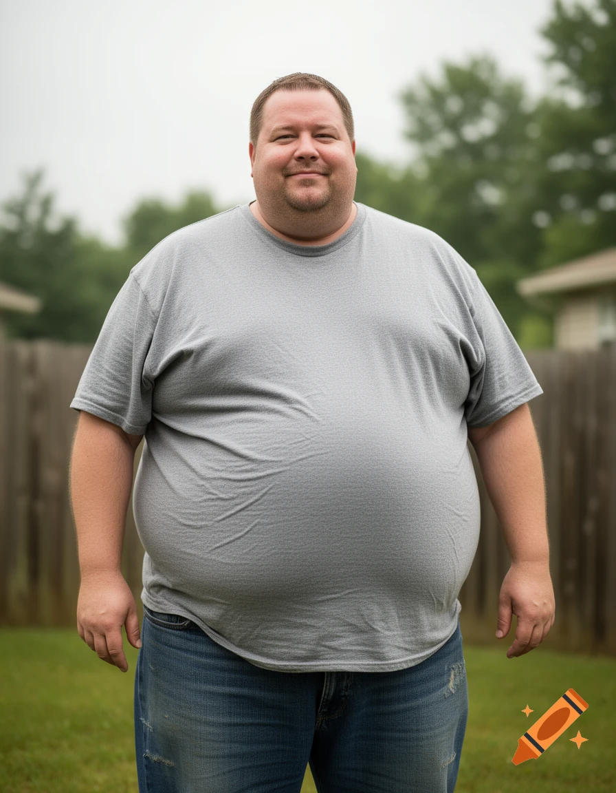 Photorealistic portrait of an overweight man with a large belly, wearing a grey t-shirt and jeans, standing in a backyard.