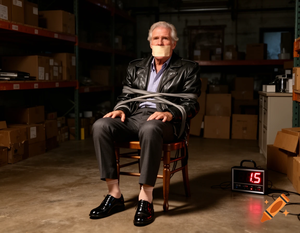 An older man tied to a chair with rope and tape over his mouth in a dimly lit warehouse, with a digital timer displaying "1.5" beside him.