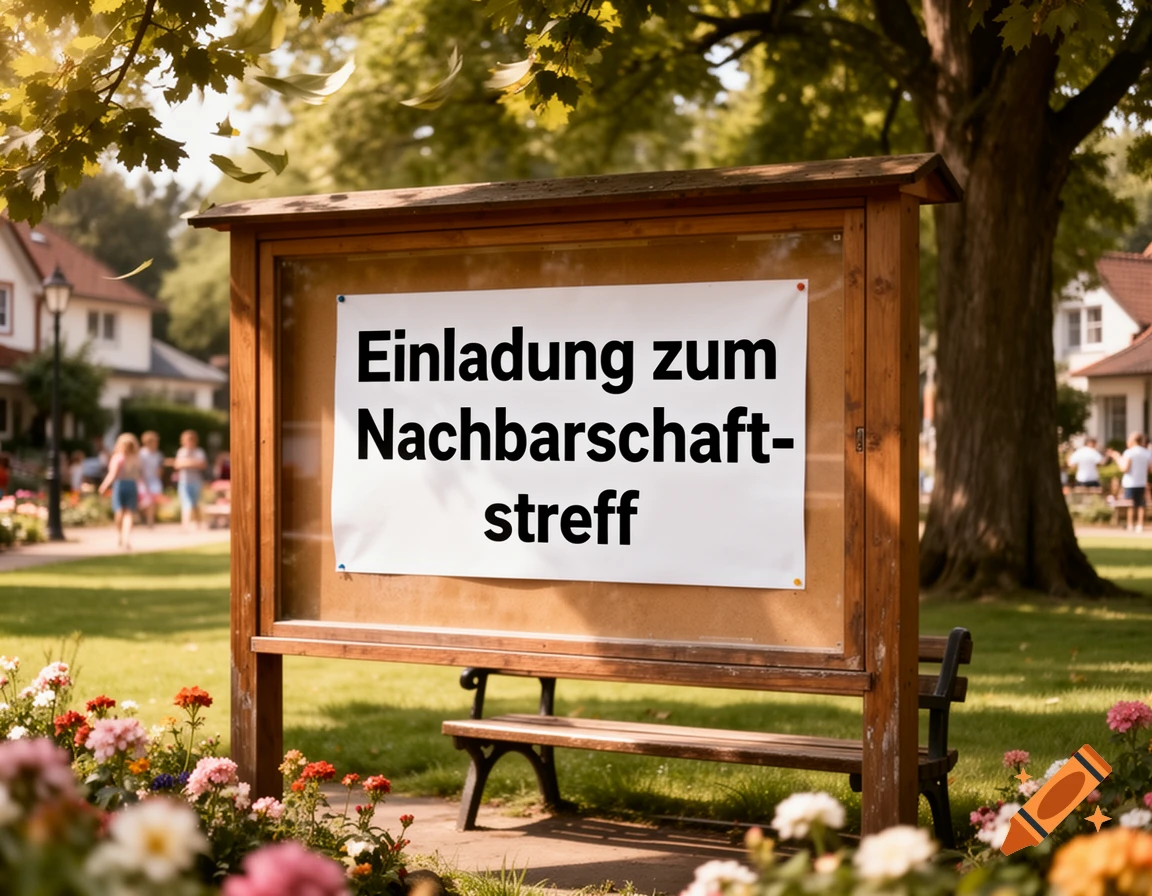 A wooden bulletin board in a sunny park displays a white poster with German text for a neighborhood meeting, surrounded by flowers and trees.