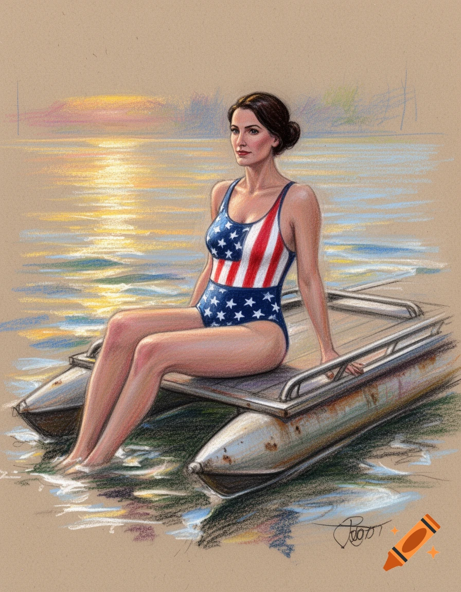 Pastel drawing of a brunette woman in a patriotic swimsuit sitting on a pontoon boat in water at sunset.