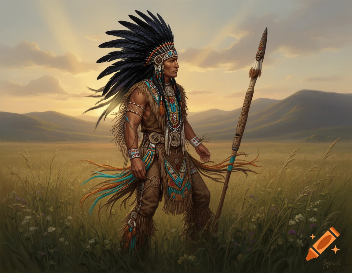 A Native American warrior in elaborate Crow traditional attire with a feathered headdress and spear stands in a grassy field at sunset.