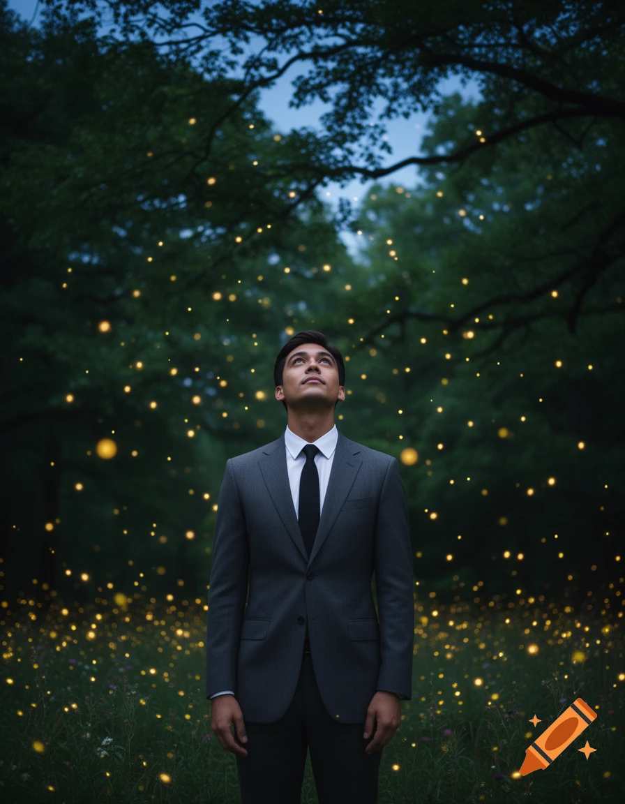 A man in a suit stands in a dark forest, looking up at glowing fireflies floating around him, photorealistic style.