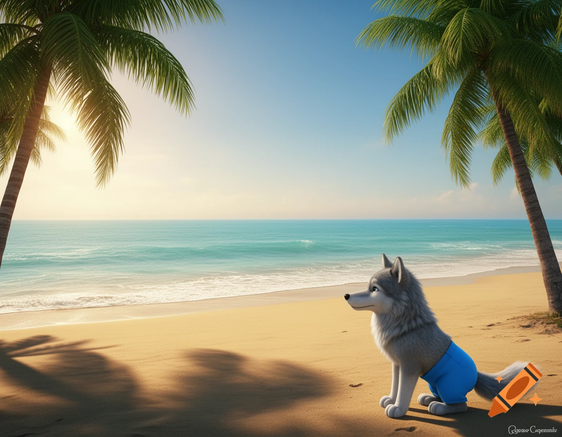 A cute 3D gray wolf wearing blue shorts sits on a sandy beach, looking out at the turquoise ocean under a bright sky with palm trees.