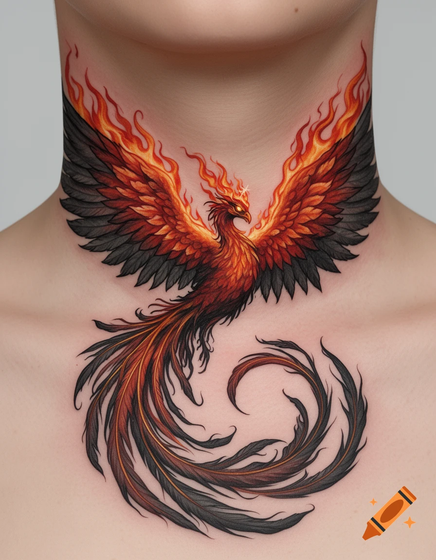 A vibrant phoenix tattoo with fiery orange and red wings and a black feathered body on a person's neck and chest.