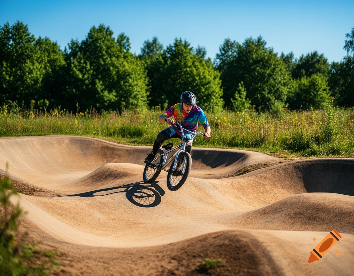 A person on a BMX bike jumps over a dirt pump track under a blue sky with green trees in the background, photorealistic style.