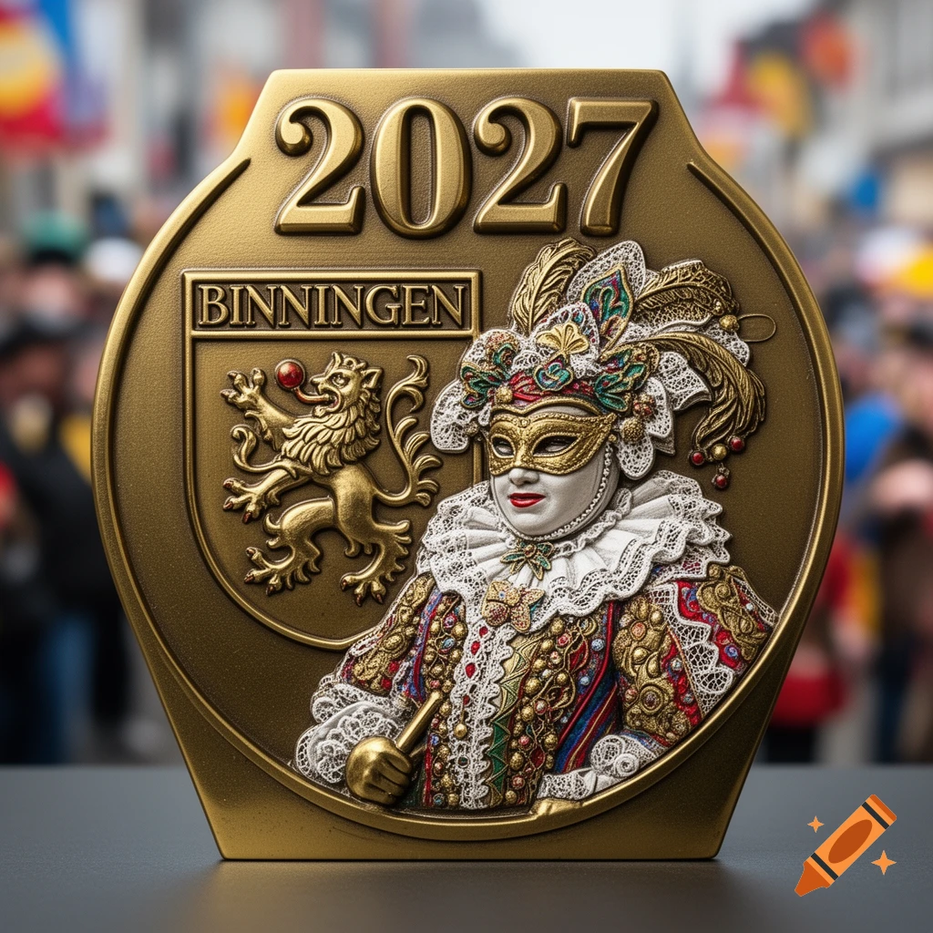 A golden carnival plaque for 2027 in Binningen features a masked figure in a traditional ornate costume and a coat of arms with a lion.
