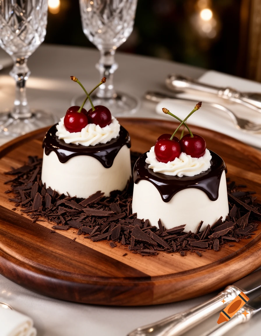 Two elegant individual desserts with white cream, chocolate glaze, whipped cream, and cherries on a wooden board with chocolate shavings.