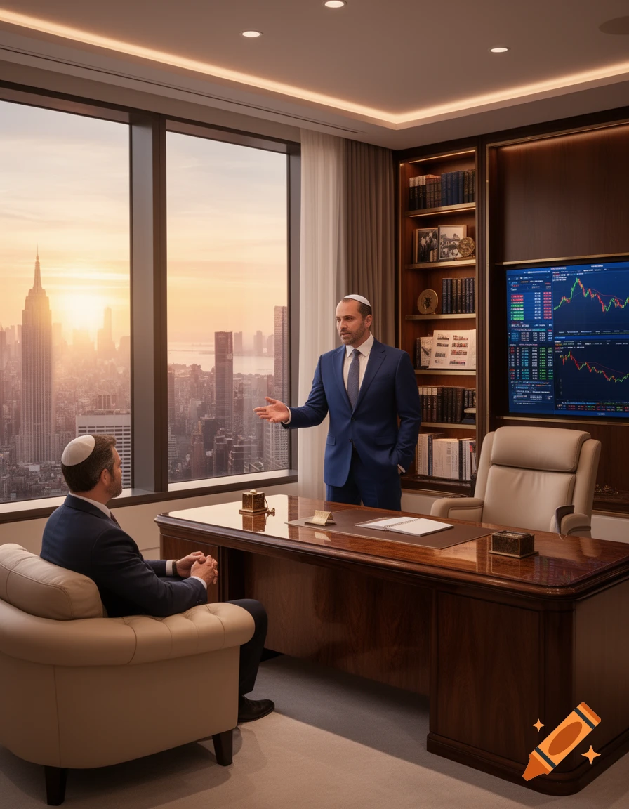 Two men in suits and yarmulkes in a luxurious penthouse office, one standing and gesturing while talking to the other seated man. A large window overlooks a city skyline at sunset, and a screen displays financial data.
