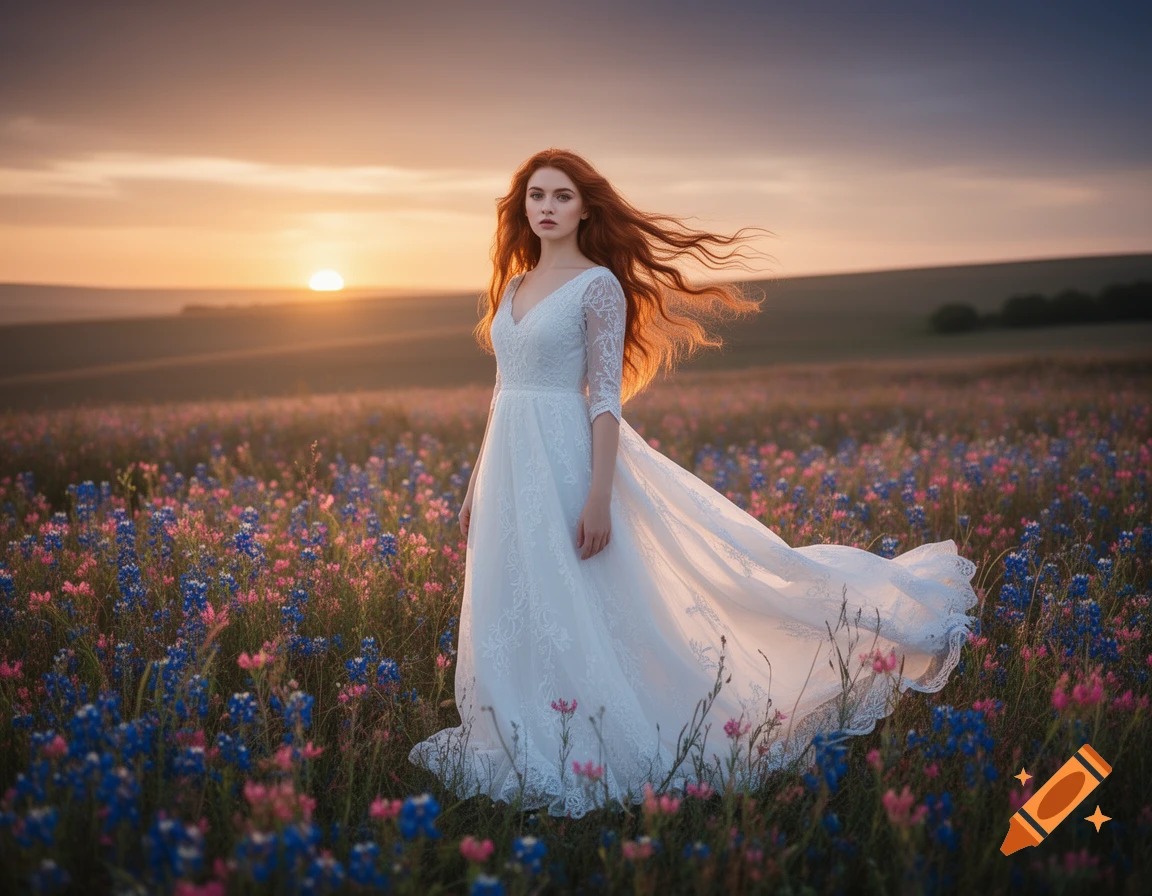 A photorealistic image of a red-haired woman in a flowing white dress standing in a field of colorful wildflowers at sunset.