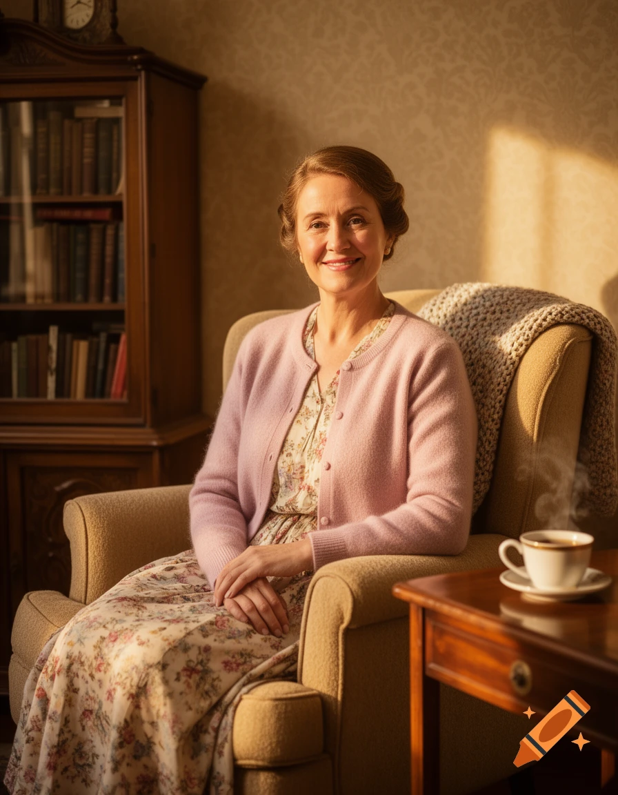 A smiling woman in a pink cardigan and floral dress sits in an armchair with a steaming cup of tea nearby, bathed in warm sunlight.