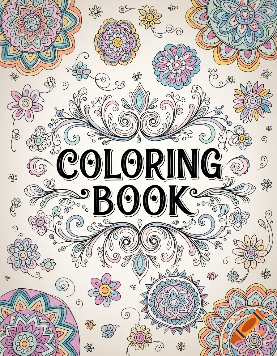 A coloring book cover with "COLORING BOOK" text inside an ornate frame, surrounded by pastel floral and mandala patterns.