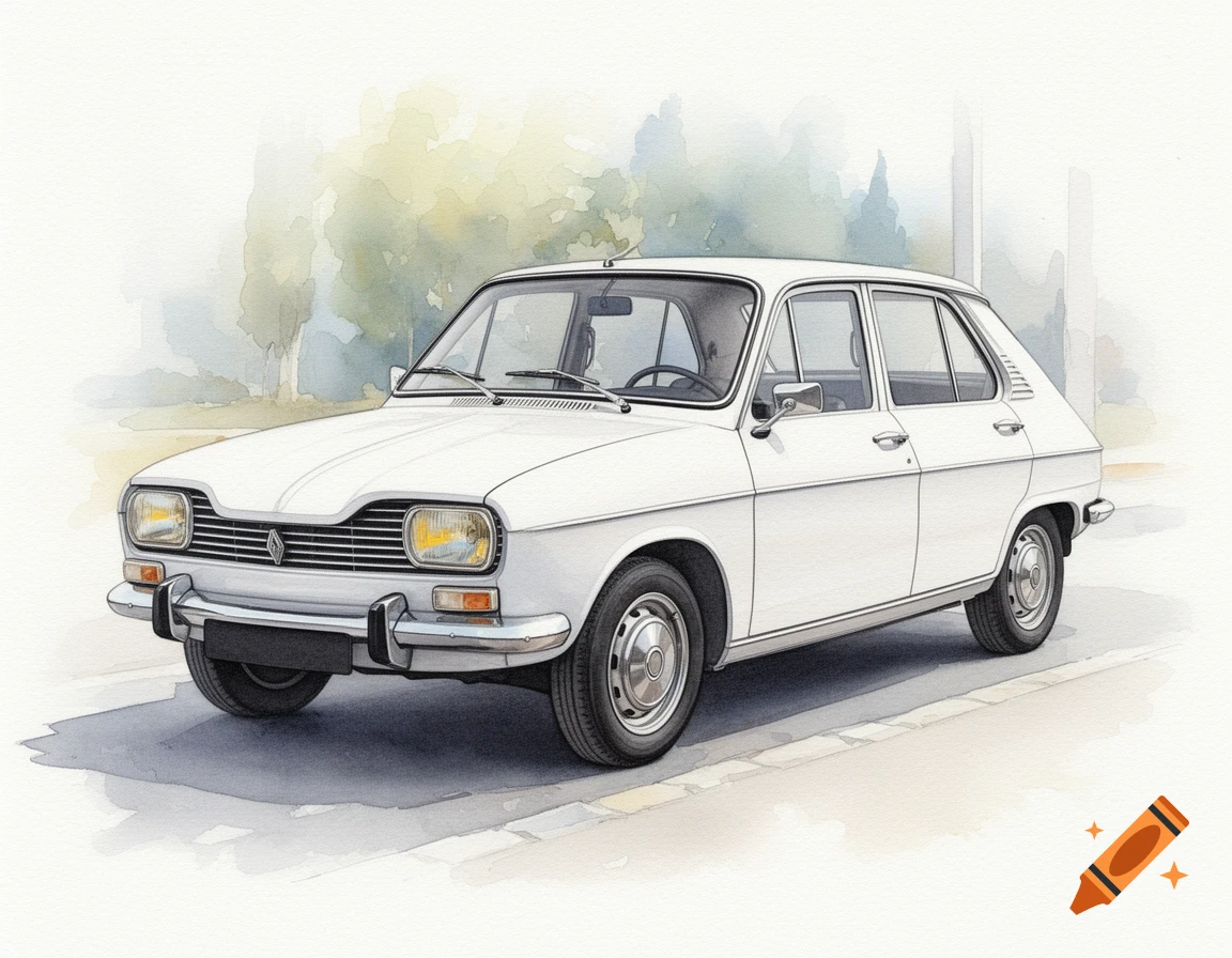 White Renault R16 vintage car watercolor illustration on a quiet road.
