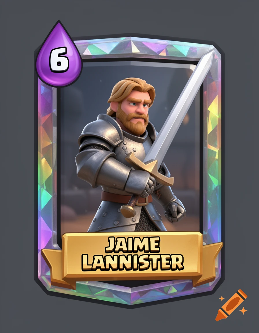 A Clash Royale legendary character card for Jaime Lannister, a knight in armor holding a sword, with '6' elixir and 'JAIME LANNISTER' on a banner.
