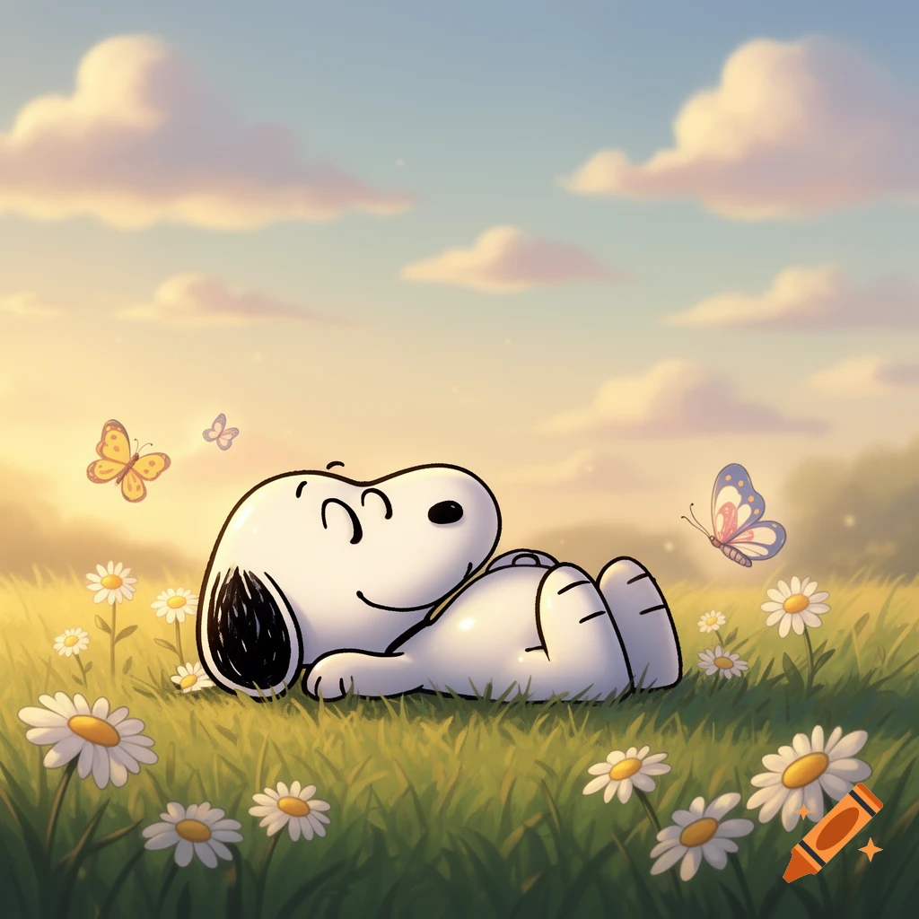 Snoopy lies smiling in a field of white daisies under a soft, cloudy sky as butterflies flutter by in a cartoon style.