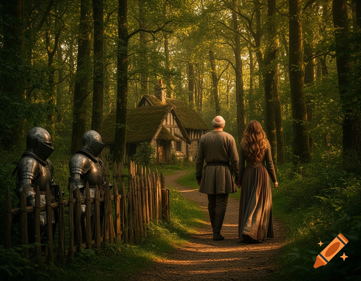 Photorealistic image of a man and woman in medieval attire walking on a forest path towards a cottage, with two knight armors on a fence.