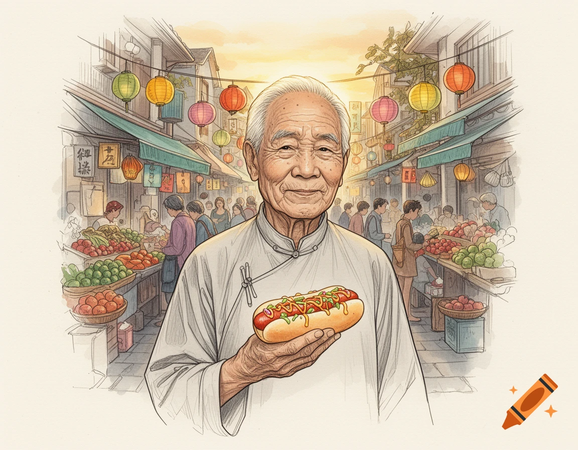 Elderly Asian man holding a hotdog in a bustling market street with lanterns, rendered in a drawing style.