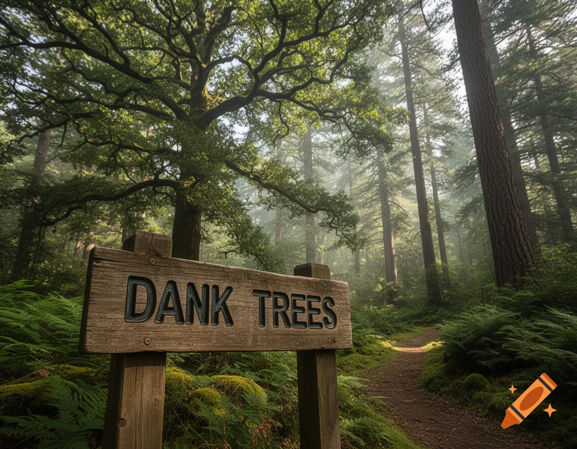 Photorealistic wooden sign reading 'DANK TREES' in a misty, lush green forest with tall trees and ferns.