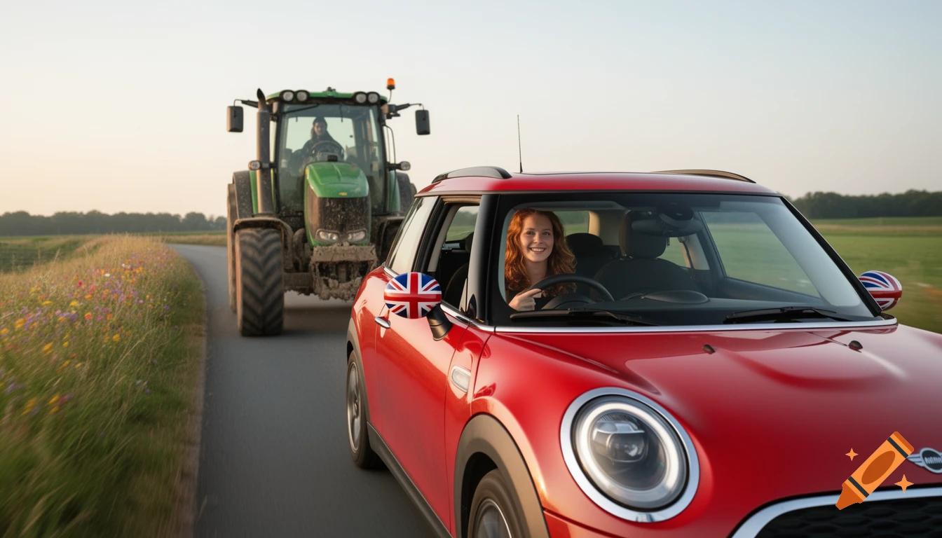 A smiling woman drives a red Mini Cooper on a country road, overtaking a green tractor.
