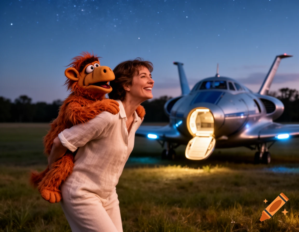 Photorealistic image of a woman giving a piggyback ride to a furry orange puppet under a starry sky, with a futuristic spaceship.