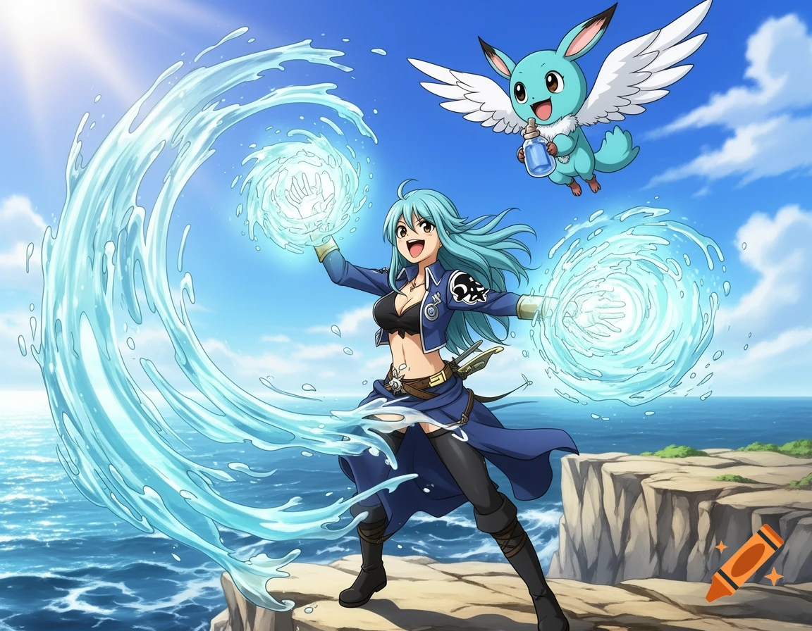 Anime girl with blue hair casting water magic from a cliff, with a small turquoise winged creature flying overhead.