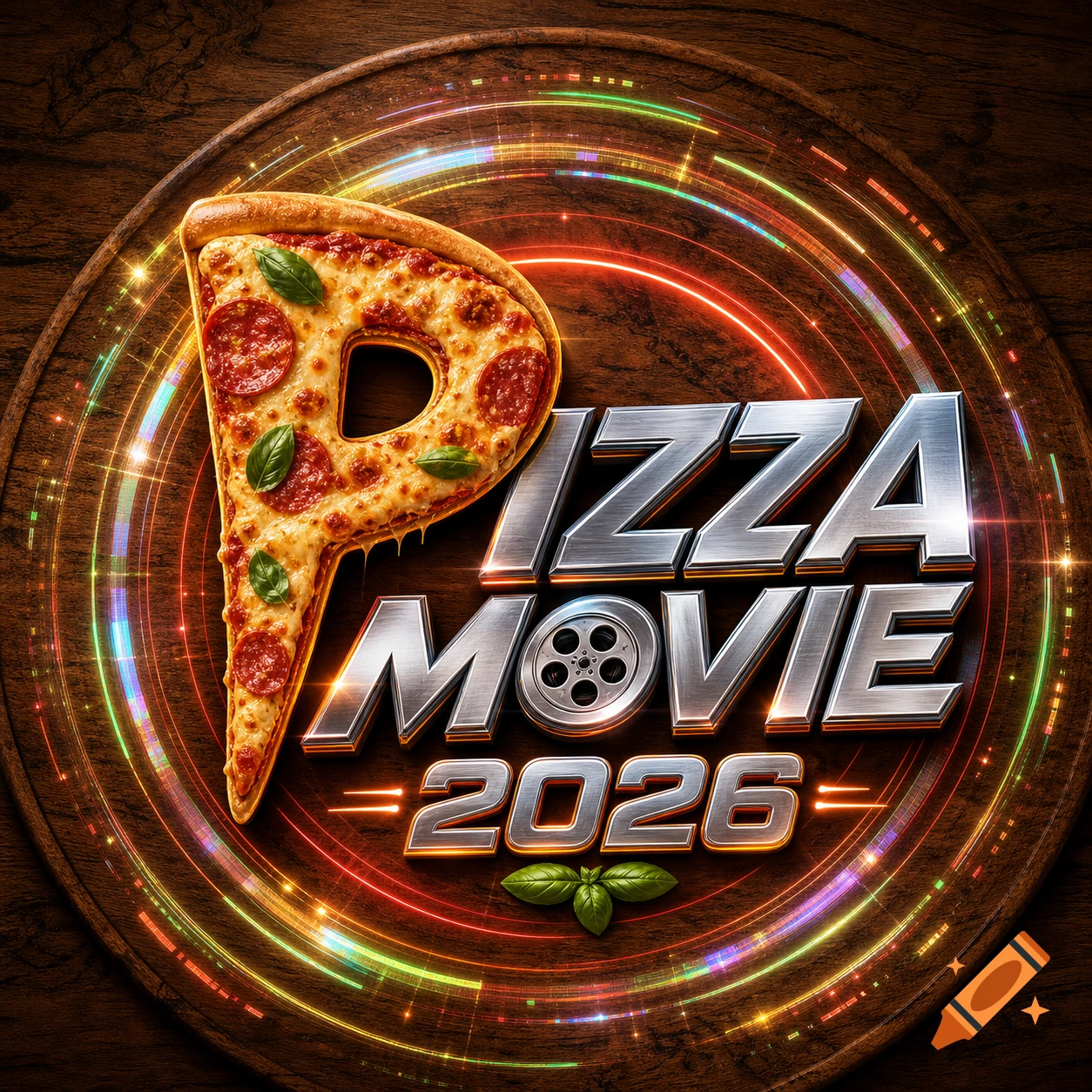 A shiny metal 'PIZZA MOVIE 2026' logo, with a pepperoni pizza slice forming the 'P', on a glowing wooden board.
