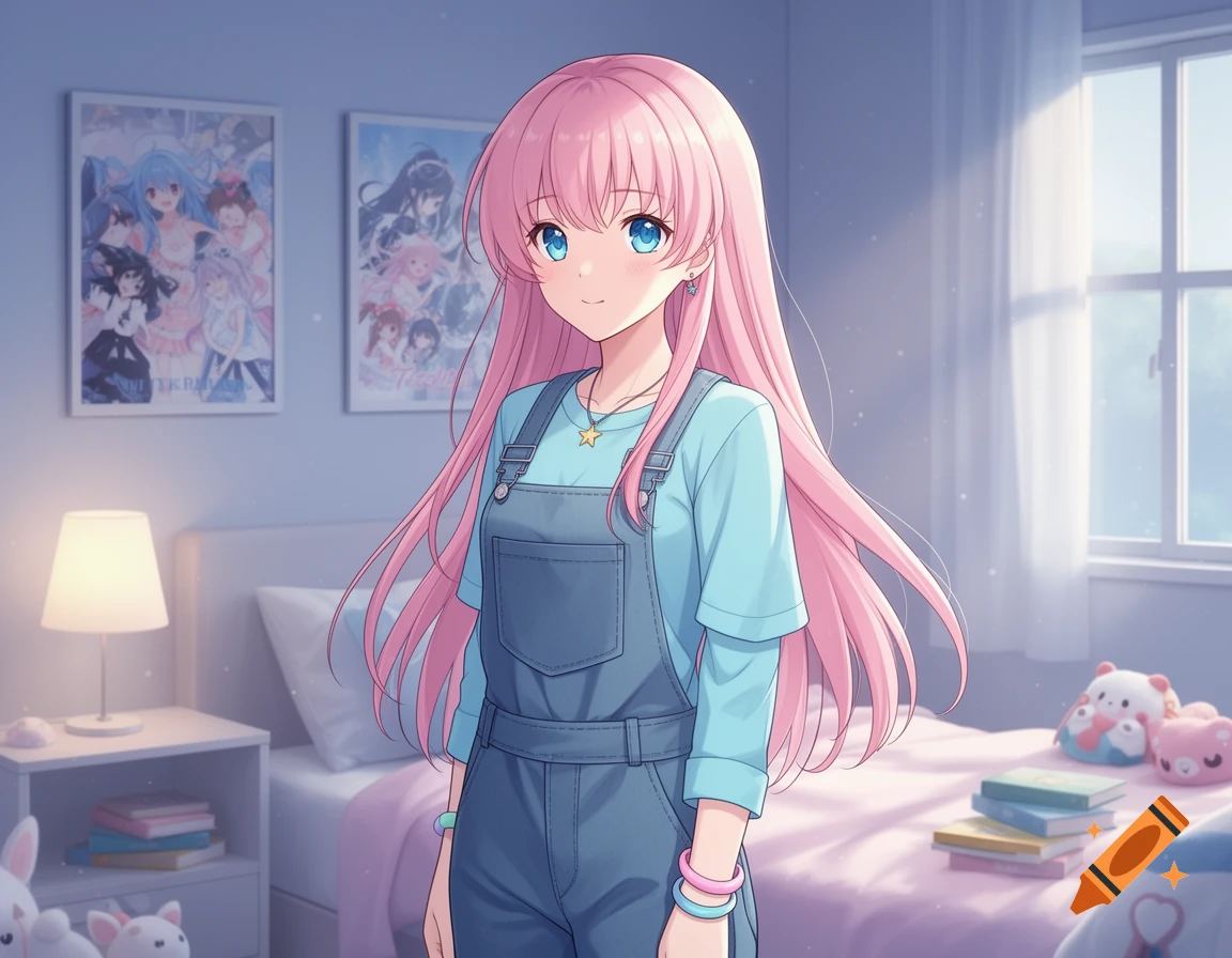 An anime girl with long pink hair, blue eyes, wearing overalls and a blue shirt, stands in a brightly lit bedroom.