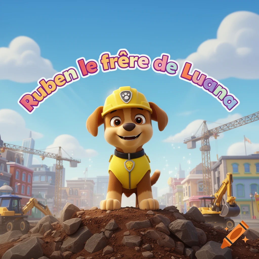 Animated brown puppy wearing a yellow construction helmet and vest, standing on a dirt pile in a city construction site. Text above reads "Ruben le frère de Luana".