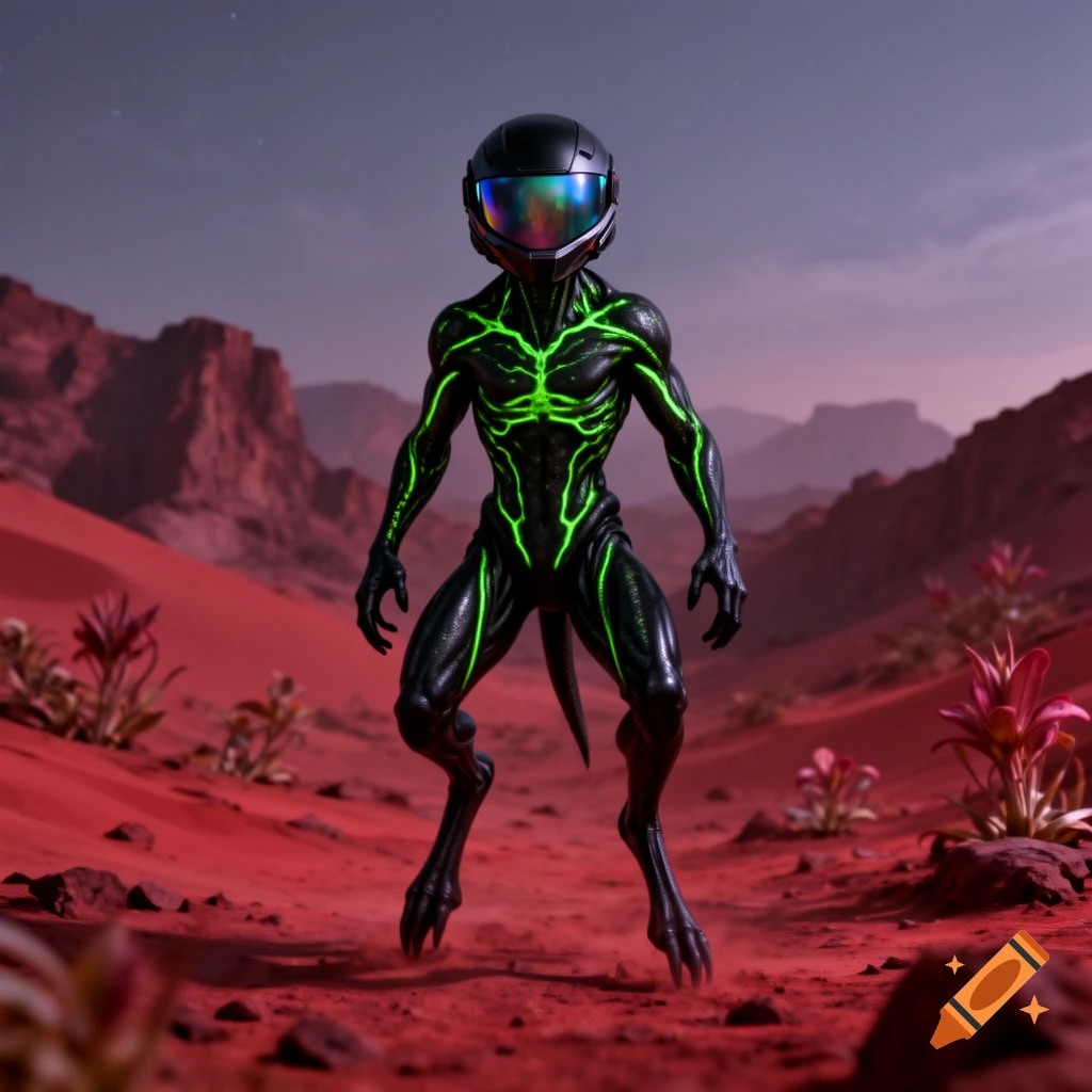 A black alien creature with glowing green lines and a reflective helmet stands in a red desert landscape.