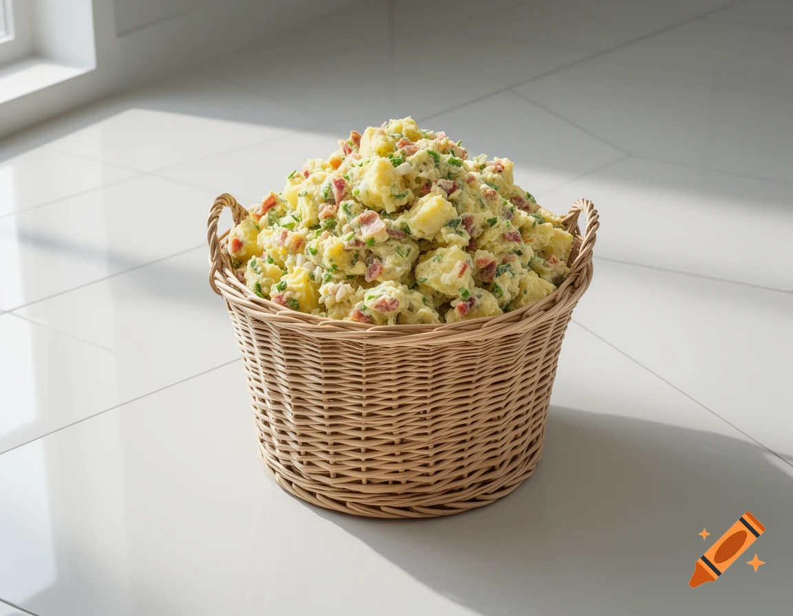 A large wicker basket overflowing with potato salad, featuring visible potato chunks, green herbs, and red bits, sits on a white tiled floor with sunlight streaming in.