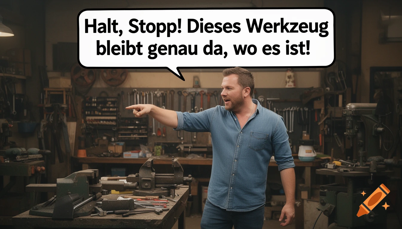 Man in a denim shirt points emphatically in a cluttered workshop, with a speech bubble reading "Halt, Stopp! Dieses Werkzeug bleibt genau da, wo es ist!"