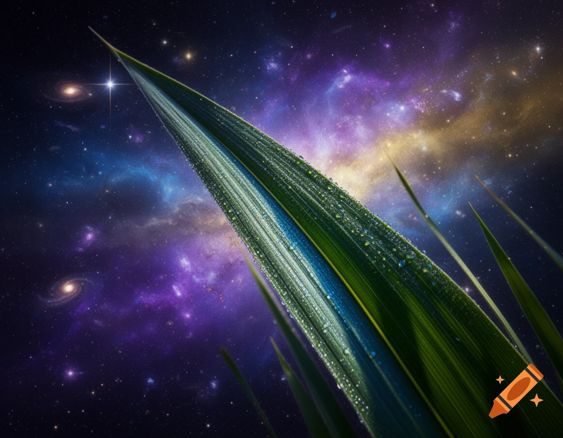 Close-up of a dew-covered green blade of grass in the foreground, set against a vibrant purple and blue cosmic galaxy background with stars.