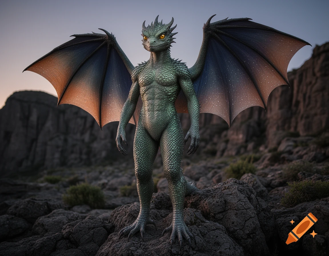 A photorealistic green-scaled dragon-human hybrid with large wings stands on a rocky outcrop against a sunset sky.