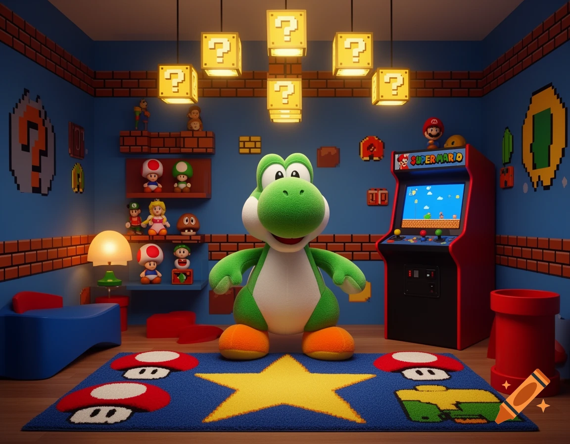 A Super Mario themed room with a large Yoshi plush, an arcade machine playing Super Mario, question mark blocks, and other character figurines.