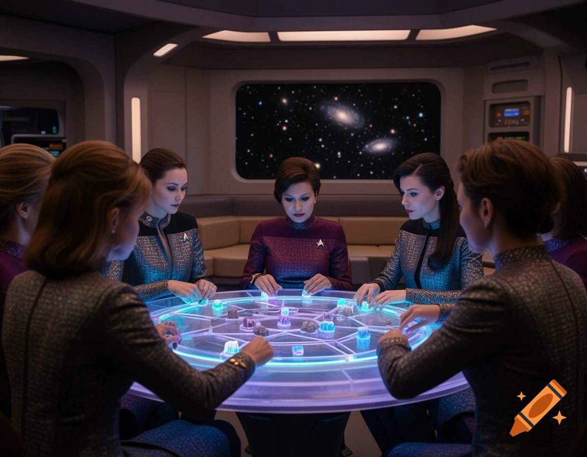 Group of women in futuristic uniforms playing a glowing board game on a spaceship.