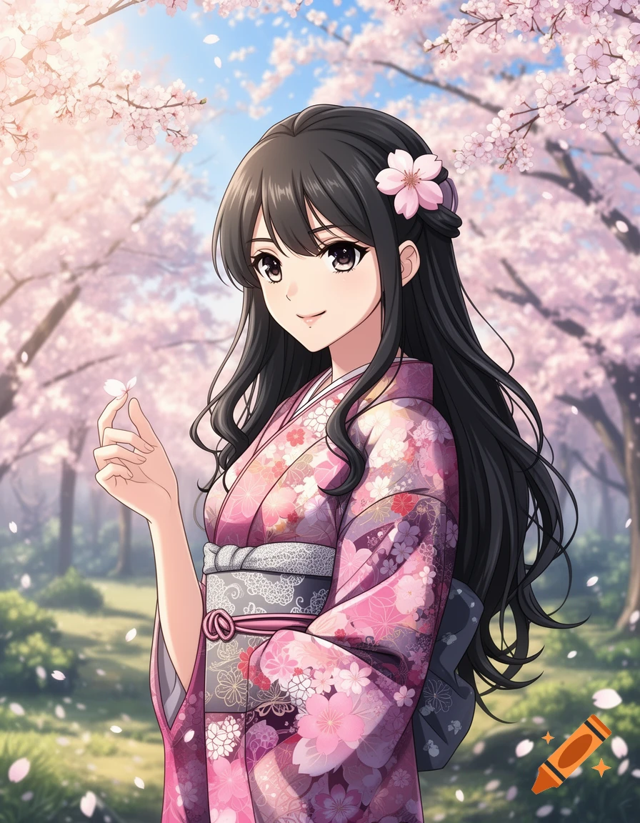 An anime woman in a pink floral kimono holds a cherry blossom petal in a vibrant cherry blossom garden.