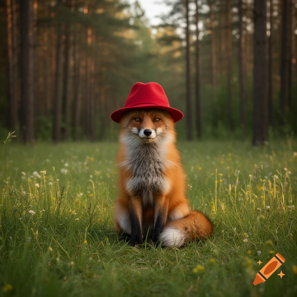 A red fox wearing a red hat sits attentively in a sunlit grassy forest clearing, looking forward.